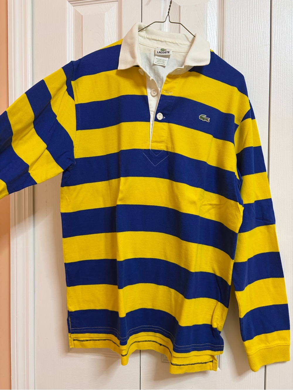 Lacoste Yellow & Blue Striped Long sleeve Rugby Polo